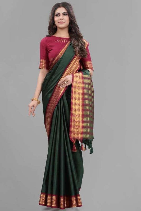 Elloca  Paisley Assam Silk Cotton Silk Saree  (Dark Green)