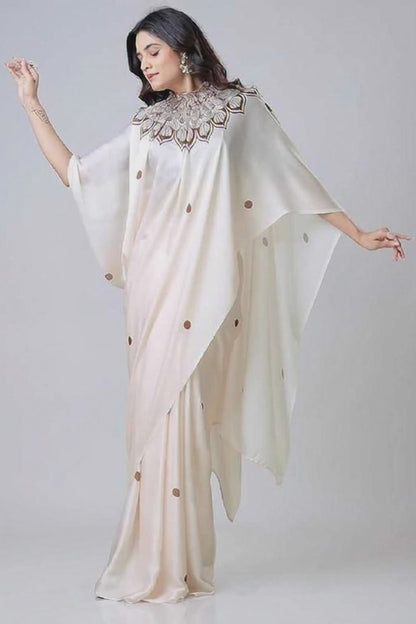 Satin Silk Printed Kaftan Saree With Unstitched Blouse